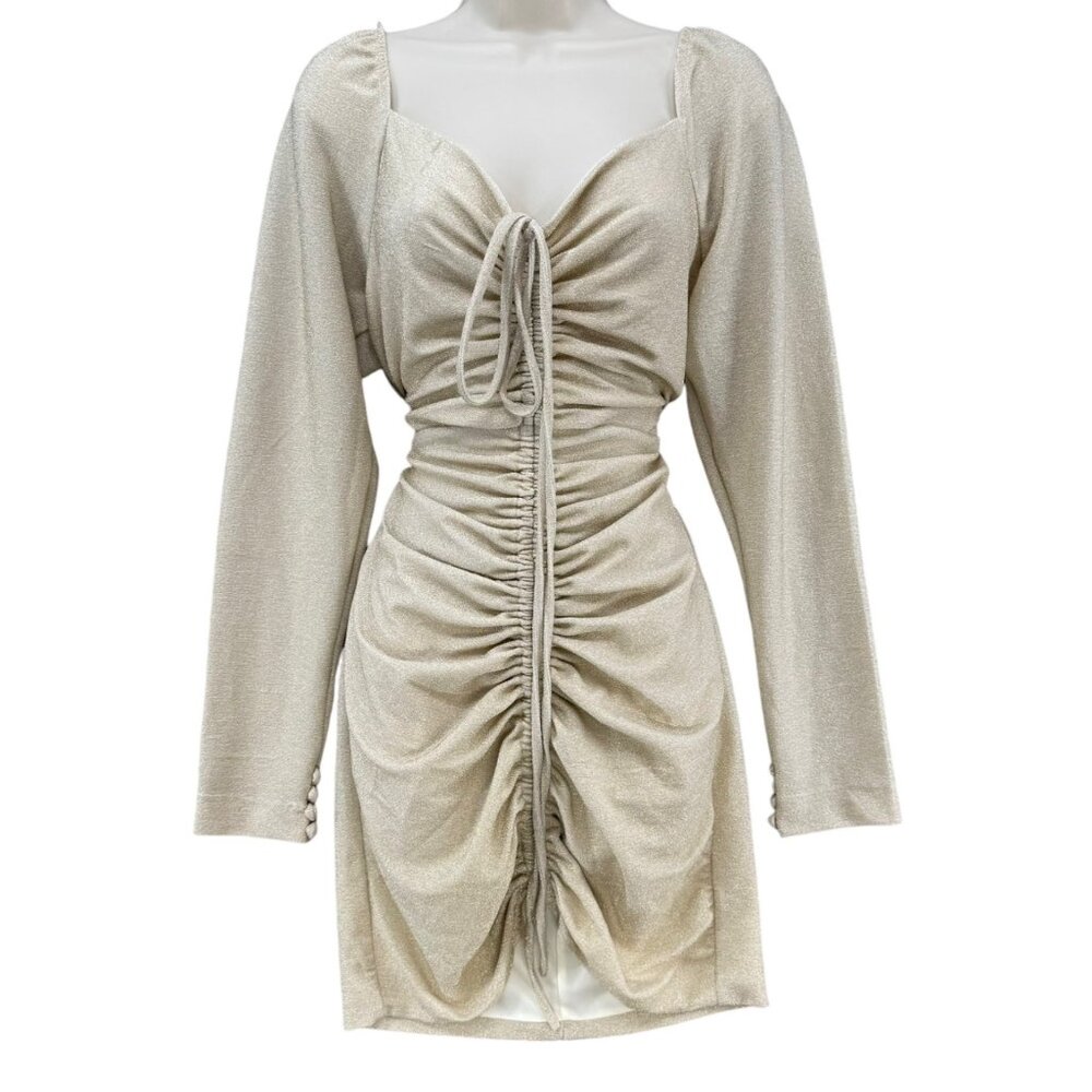 Bella Missy Ruched Bodycon Dress Gold Metallic Lurex Long Sleeve Cinched Sz 12